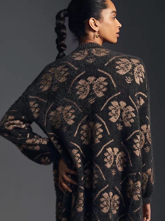 Maeve Sweaters - Maeve Black Fuzzy Cardigan with Gold Floral Motif